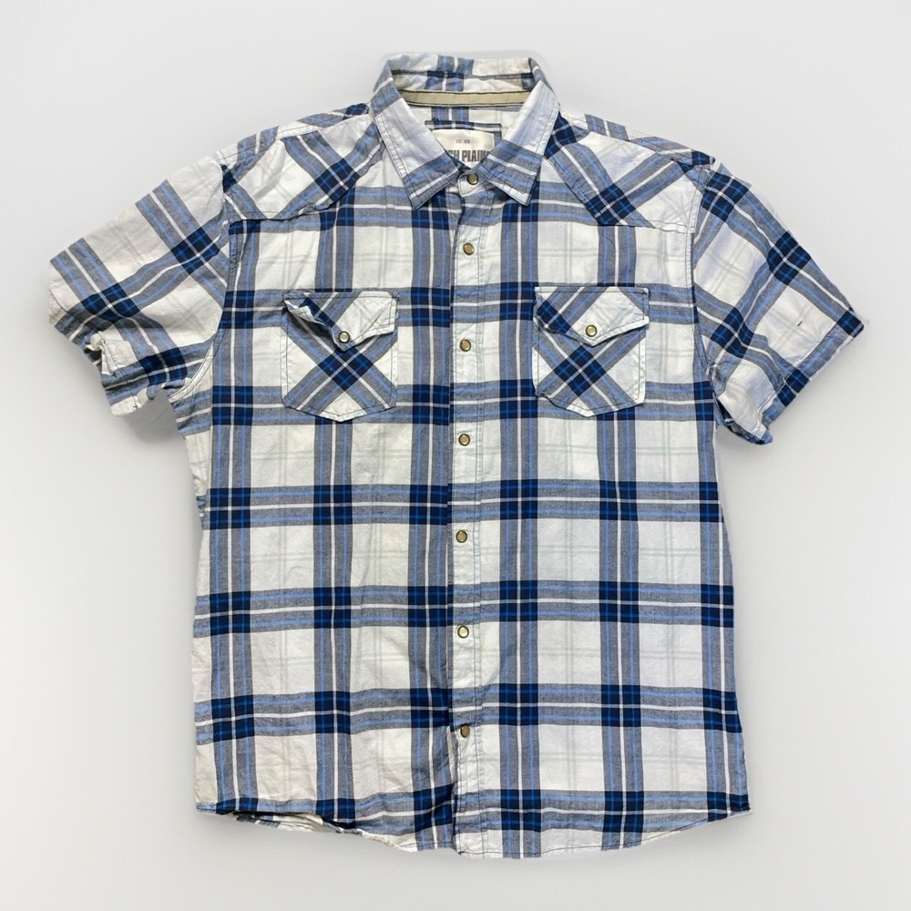 Ditch Plains Mens 2XL Western Pearl Snap Shirt Blue Plaid Cowboy Rodeo Casual